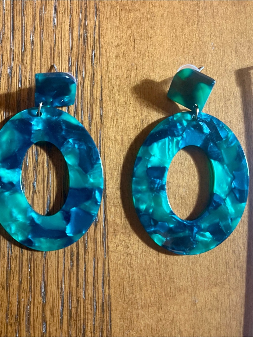 Teal Marbled Resin Hoop Drop Earrings - Women Jewelry